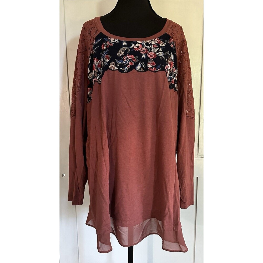 🖤LOGO Lori Goldstein Lavish Embellish Lace Long Mauve Redwood Tunic Top 3X